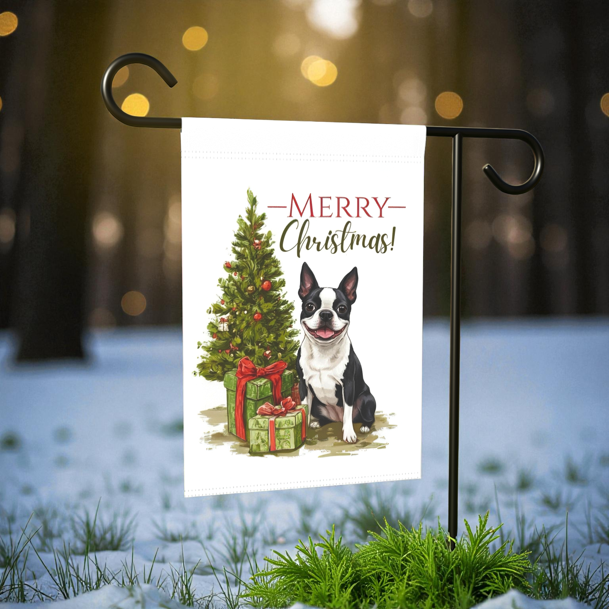 Boston Terrier and Present Christmas Garden Flag - size comparison - Dragonfire Gardens