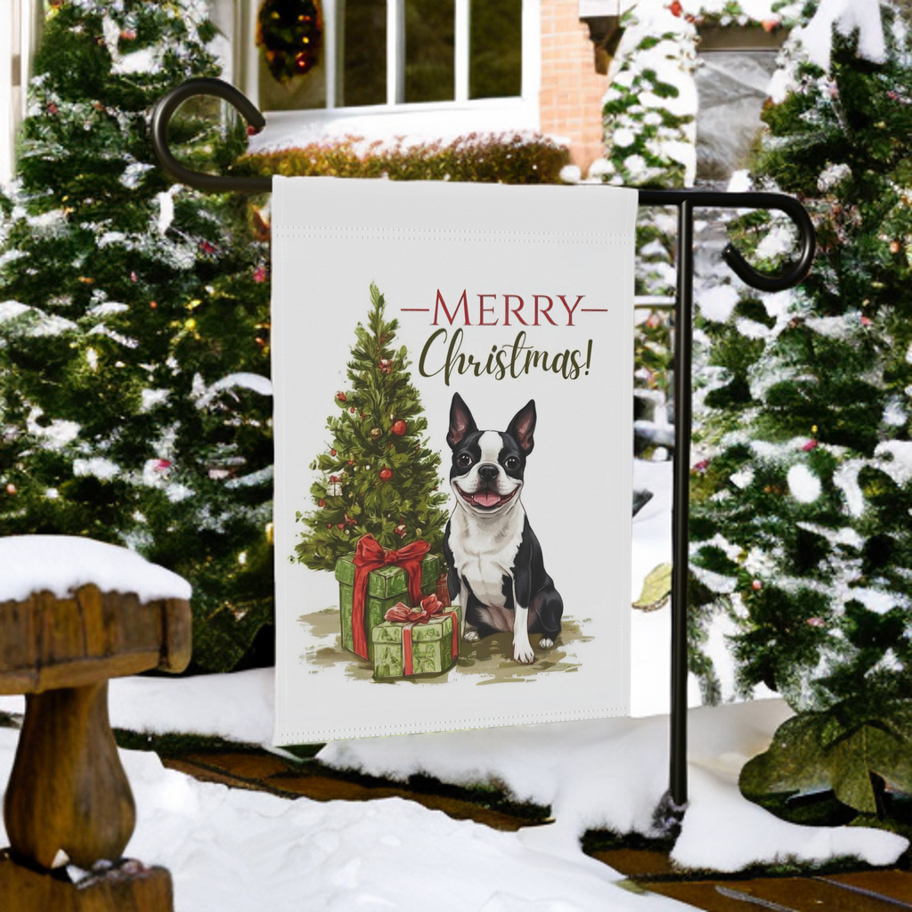 Boston Terrier and Present Christmas Garden Flag - front view - Dragonfire Gardens