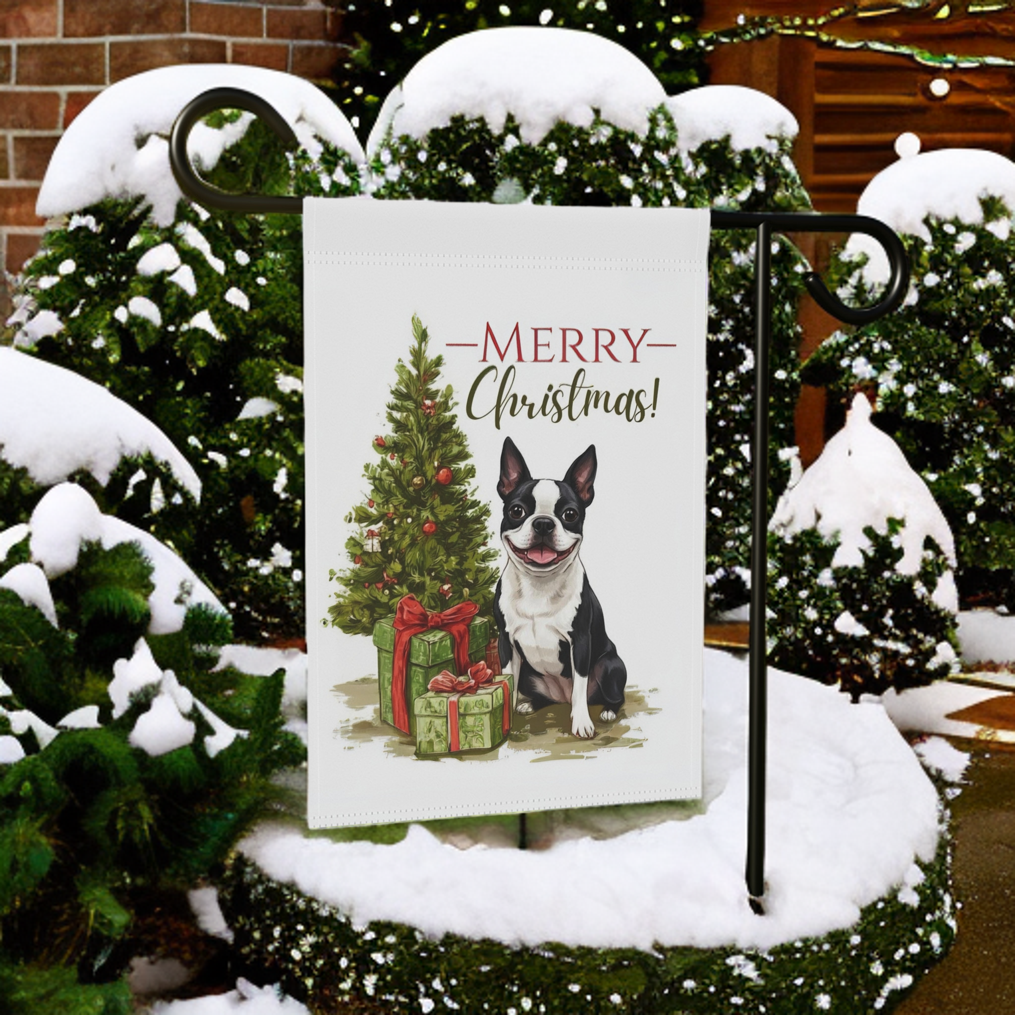 Boston Terrier and Present Christmas Garden Flag - product detail - Dragonfire Gardens