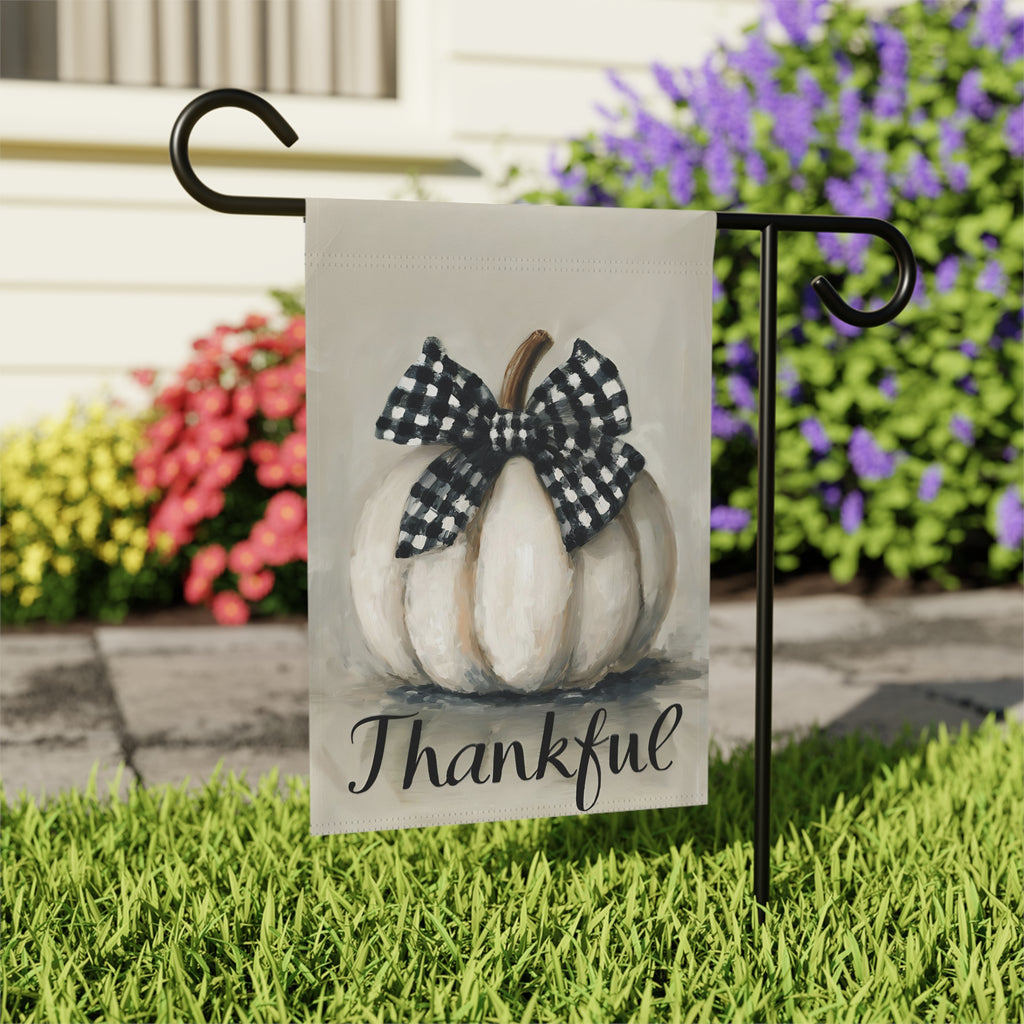 Thankful White Pumpkin Garden Flag - outdoor display - Dragonfire Gardens
