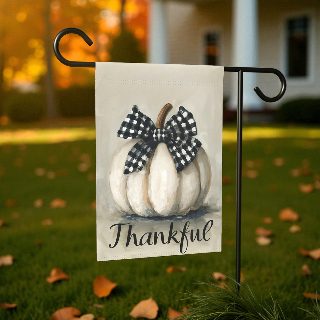 Thankful White Pumpkin Garden Flag - size comparison - Dragonfire Gardens