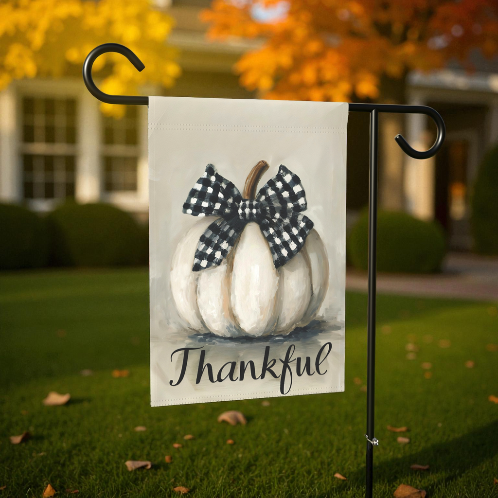 Thankful White Pumpkin Garden Flag - front view - Dragonfire Gardens