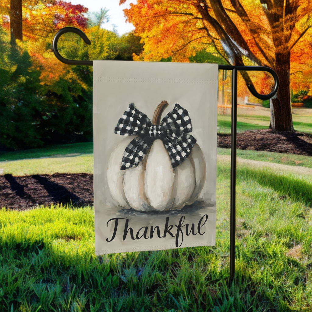 Thankful White Pumpkin Garden Flag - product detail - Dragonfire Gardens