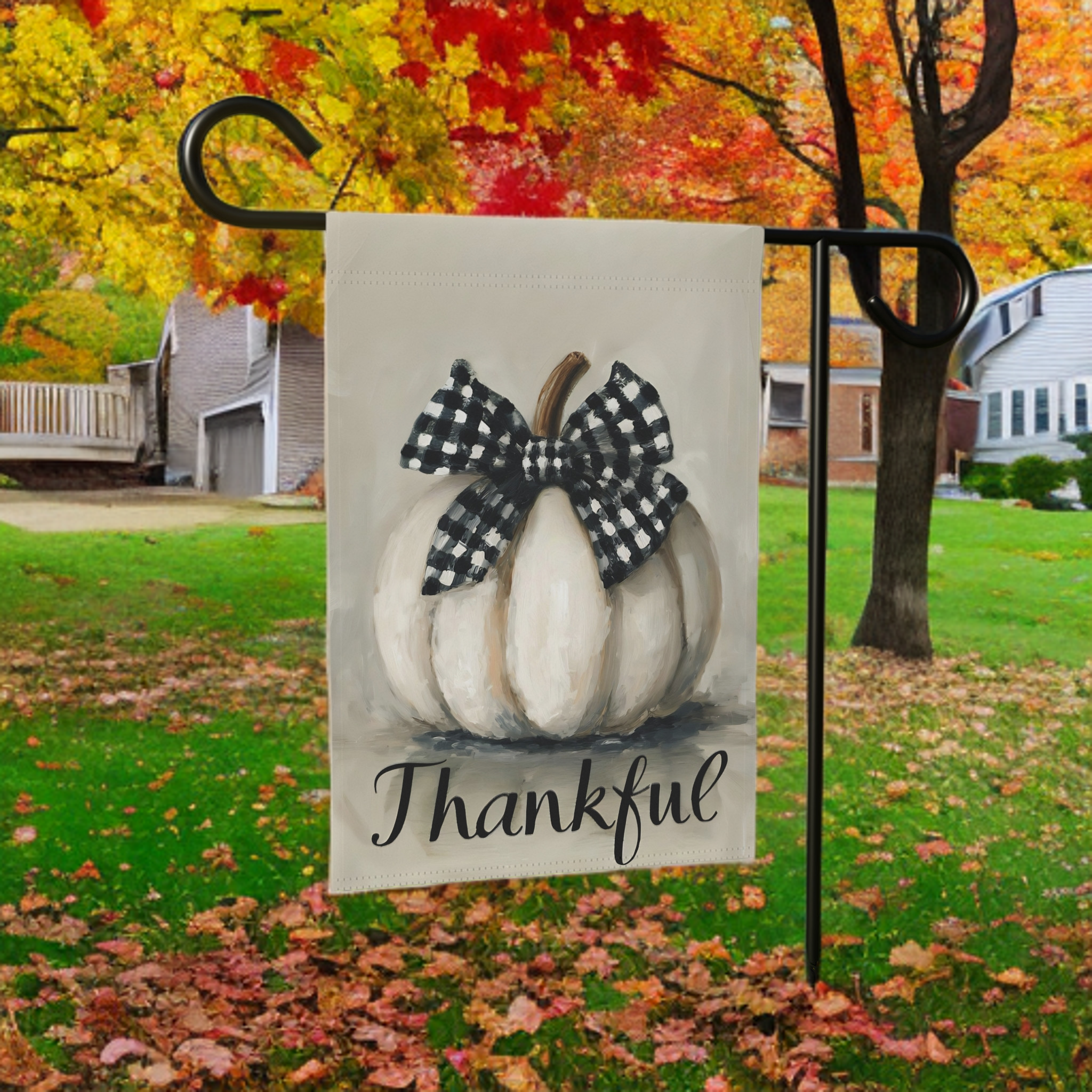Thankful White Pumpkin Garden Flag - lifestyle display - Dragonfire Gardens