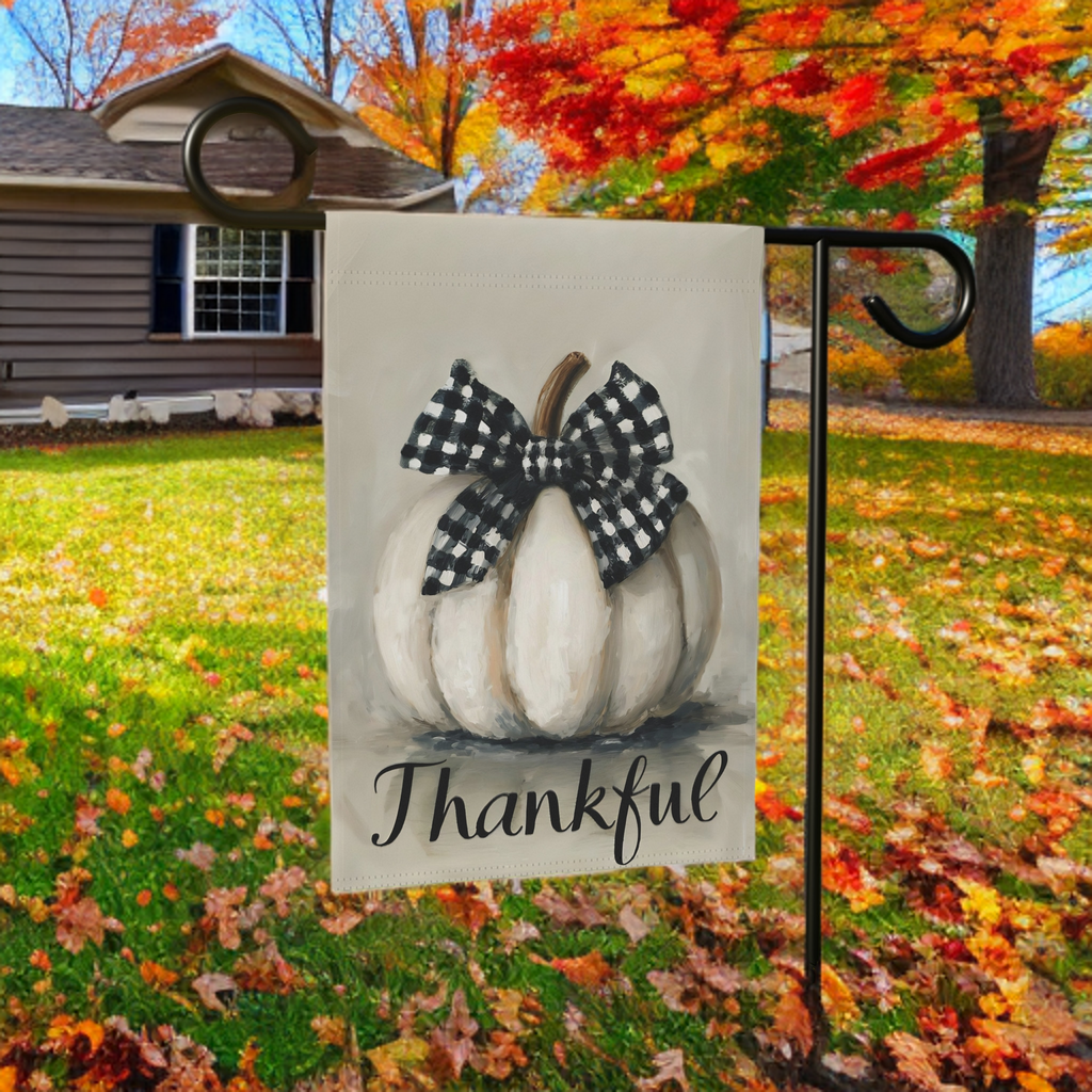Thankful White Pumpkin Garden Flag - banner view - Dragonfire Gardens