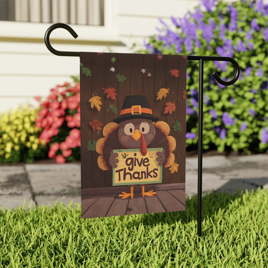 Give Thanks Leaves and Turkey Garden Flag - outdoor display - Dragonfire Gardens
