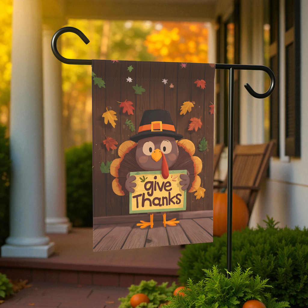 Give Thanks Leaves and Turkey Garden Flag - front view - Dragonfire Gardens