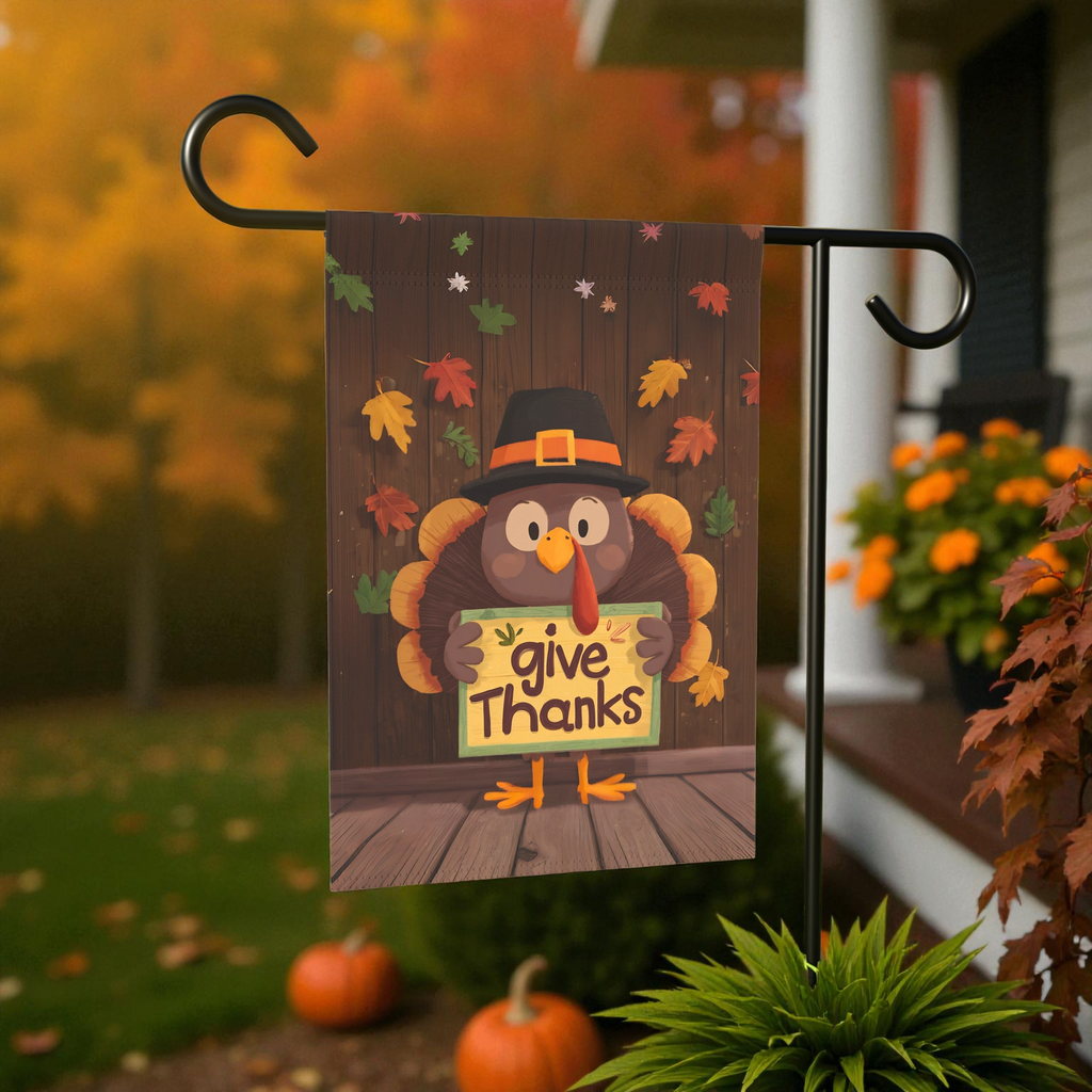 Give Thanks Leaves and Turkey Garden Flag - size comparison - Dragonfire Gardens