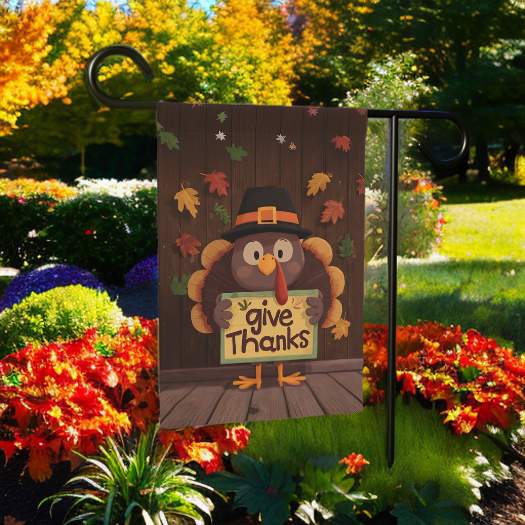 Give Thanks Leaves and Turkey Garden Flag - lifestyle display - Dragonfire Gardens
