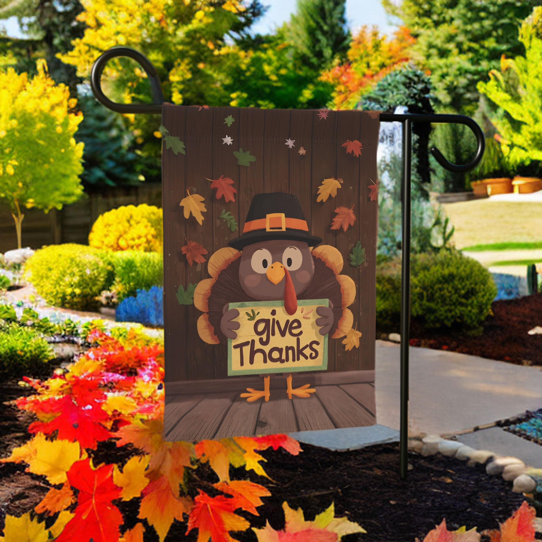 Give Thanks Leaves and Turkey Garden Flag - product detail - Dragonfire Gardens