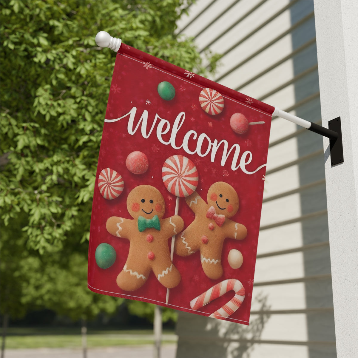 Two Gingerbread Men Welcome Garden Flag - close-up detail - Dragonfire Gardens