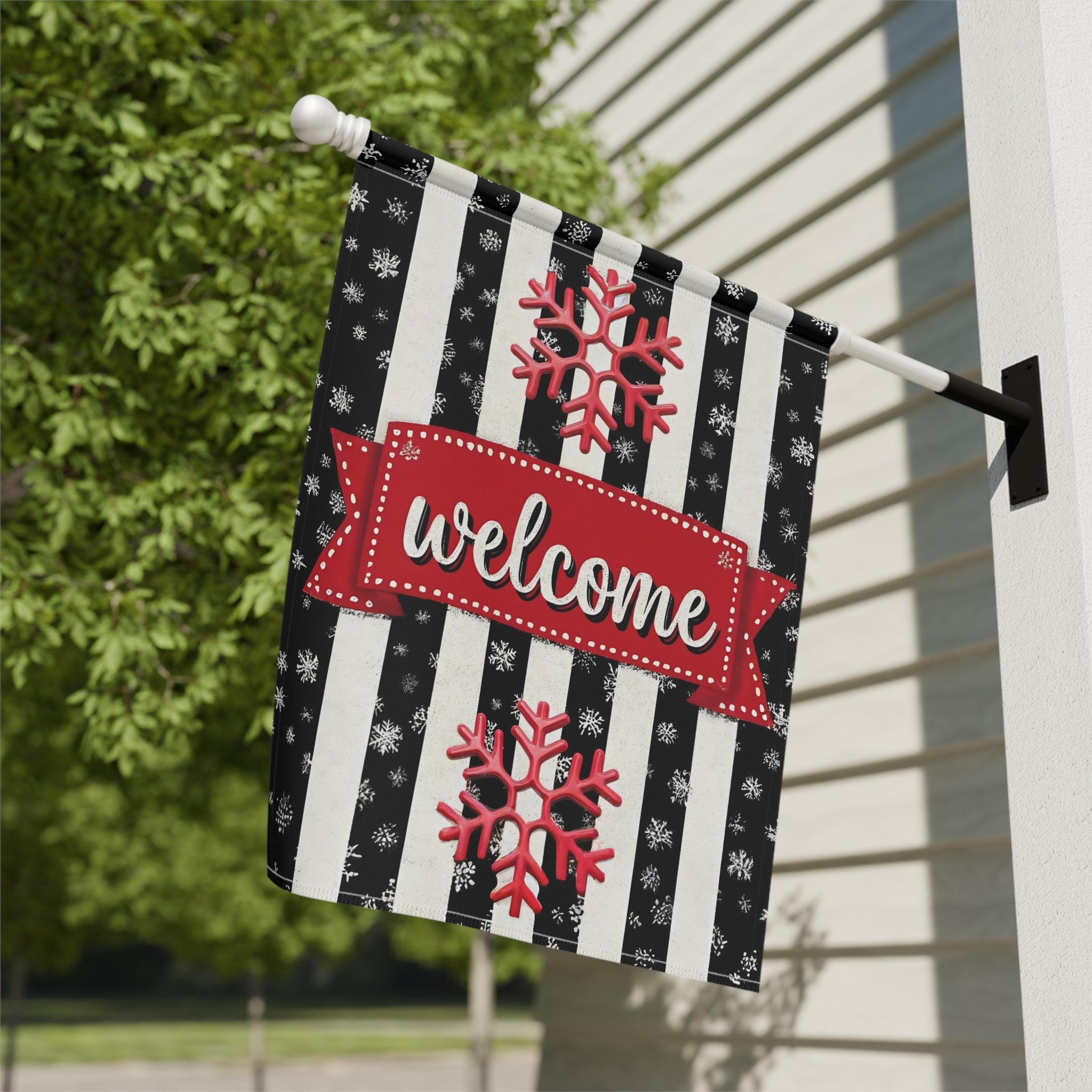 Striped Welcome Snowflake Garden Flag - close-up detail - Dragonfire Gardens