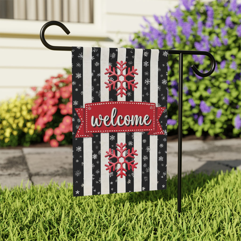 Striped Welcome Snowflake Garden Flag - outdoor display - Dragonfire Gardens