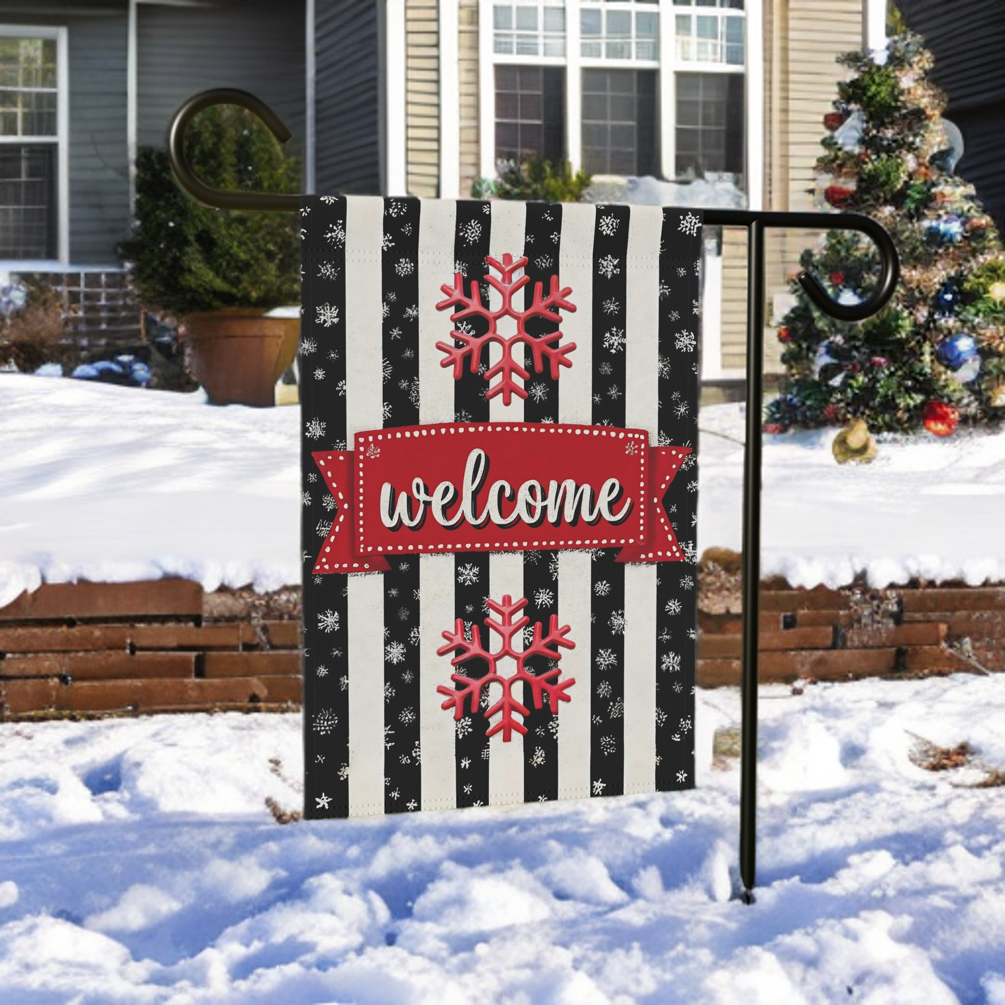 Striped Welcome Snowflake Garden Flag - size comparison - Dragonfire Gardens