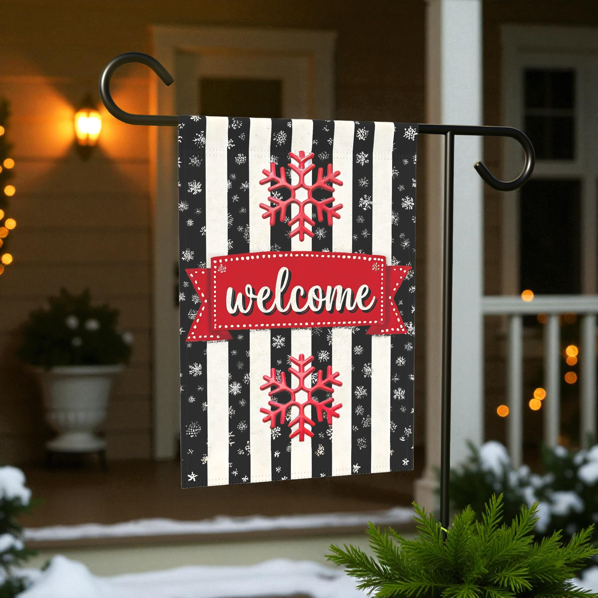 Striped Welcome Snowflake Garden Flag - front view - Dragonfire Gardens