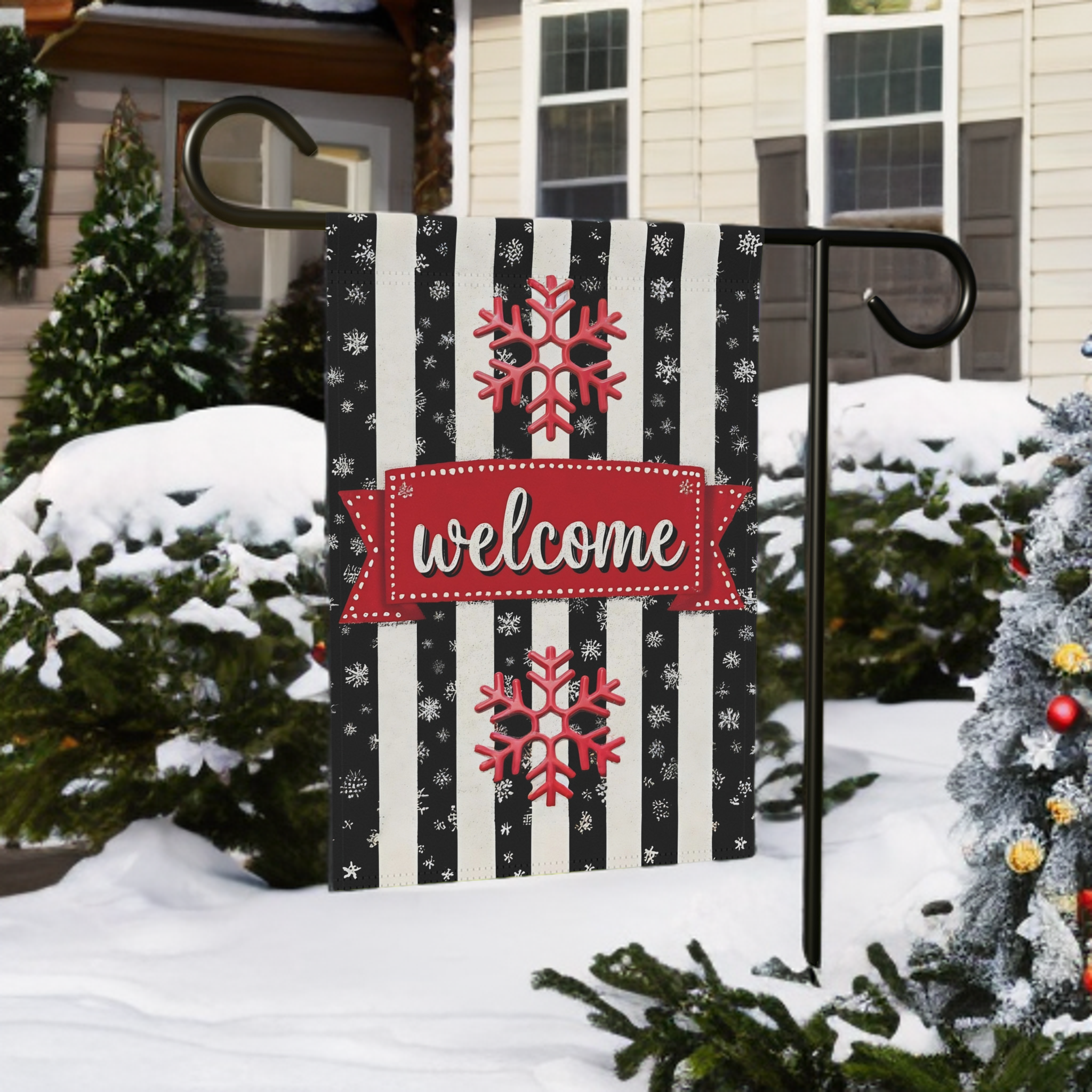 Striped Welcome Snowflake Garden Flag - lifestyle display - Dragonfire Gardens