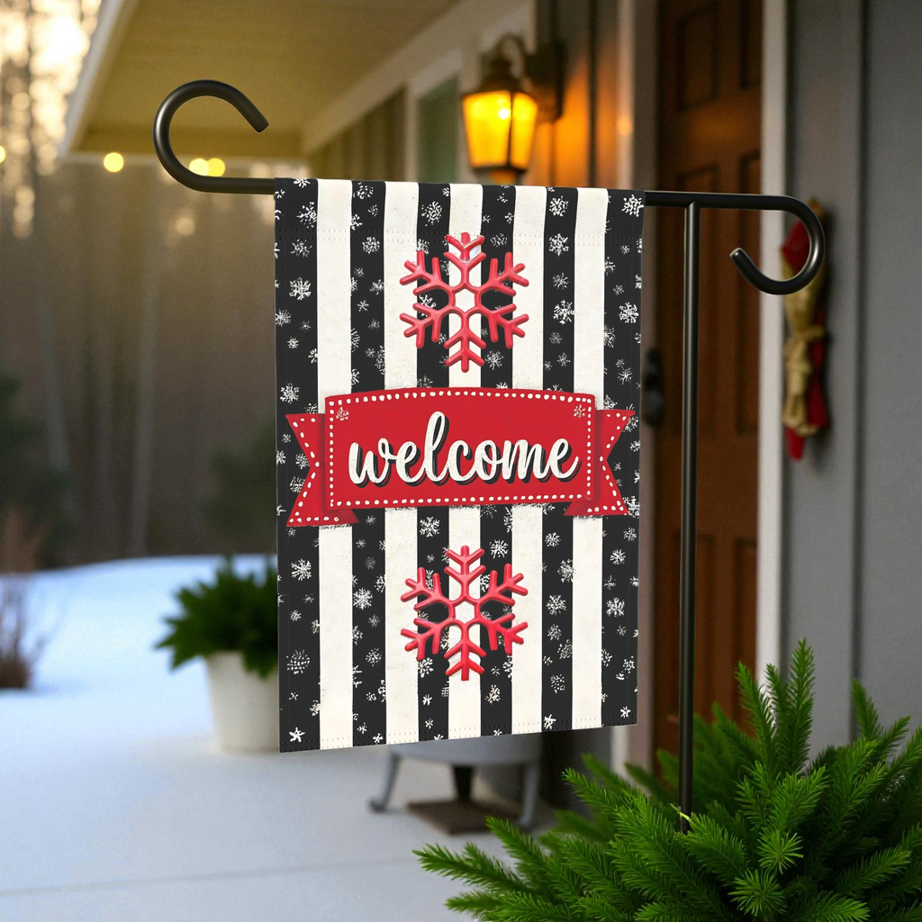 Striped Welcome Snowflake Garden Flag - product detail - Dragonfire Gardens