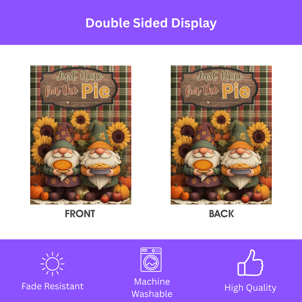 Just Here for the Pie Two Gnomes Fall Garden Flag - close-up detail - Dragonfire Gardens