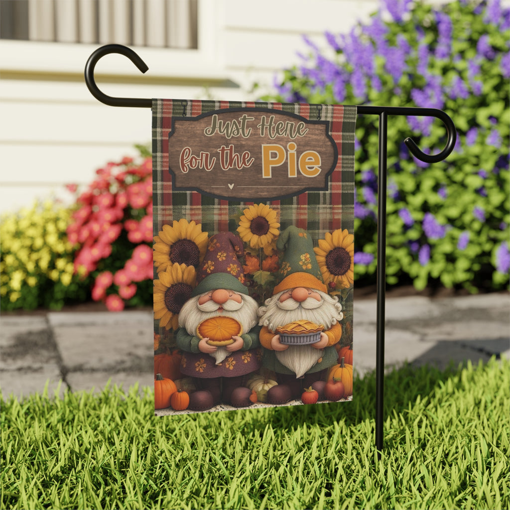 Just Here for the Pie Two Gnomes Fall Garden Flag - outdoor display - Dragonfire Gardens