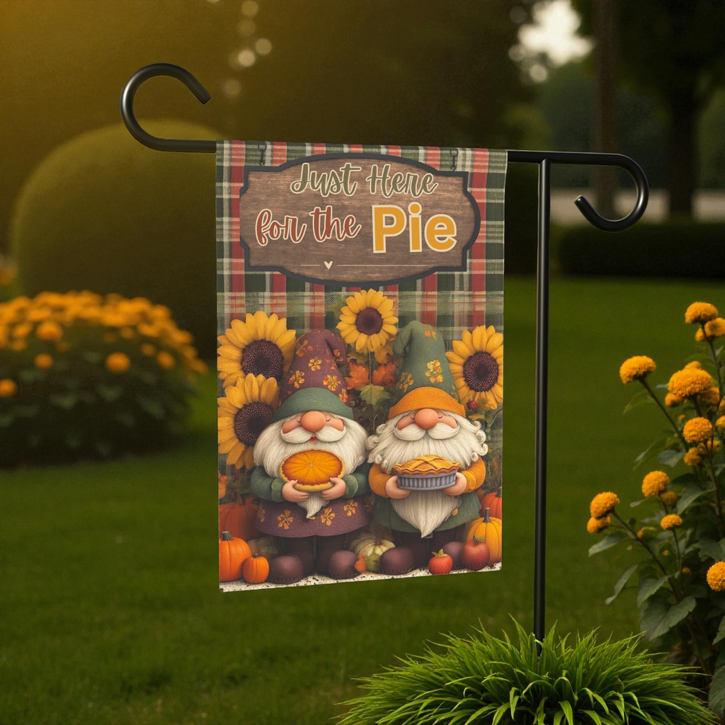 Just Here for the Pie Two Gnomes Fall Garden Flag - front view - Dragonfire Gardens