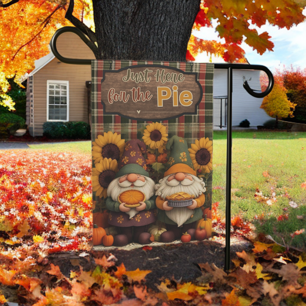 Just Here for the Pie Two Gnomes Fall Garden Flag - porch decor - Dragonfire Gardens