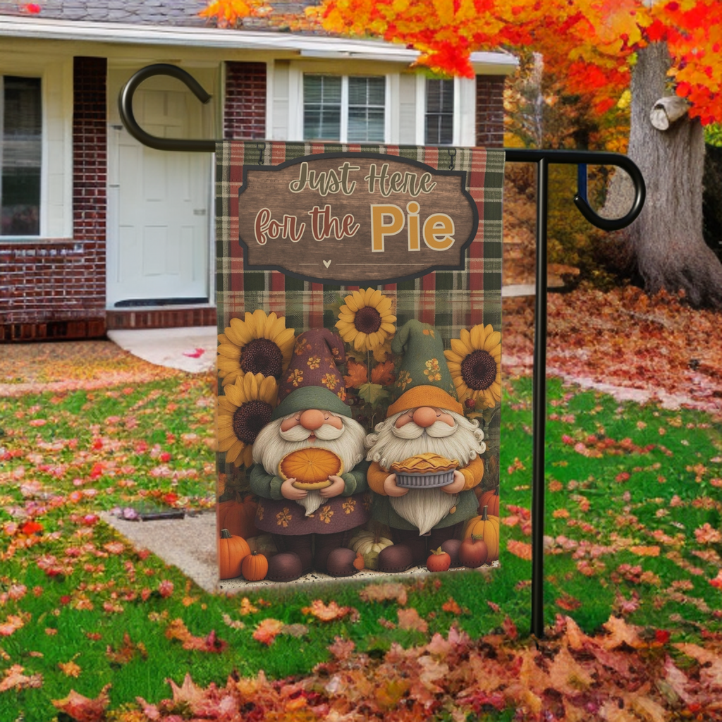 Just Here for the Pie Two Gnomes Fall Garden Flag - yard display - Dragonfire Gardens
