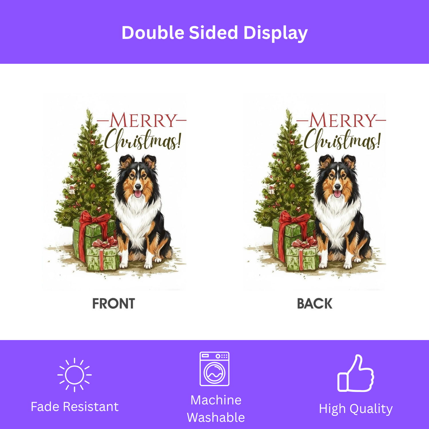 Shetland Sheepdog and Presents Christmas Garden Flag - double-sided design - Dragonfire Gardens