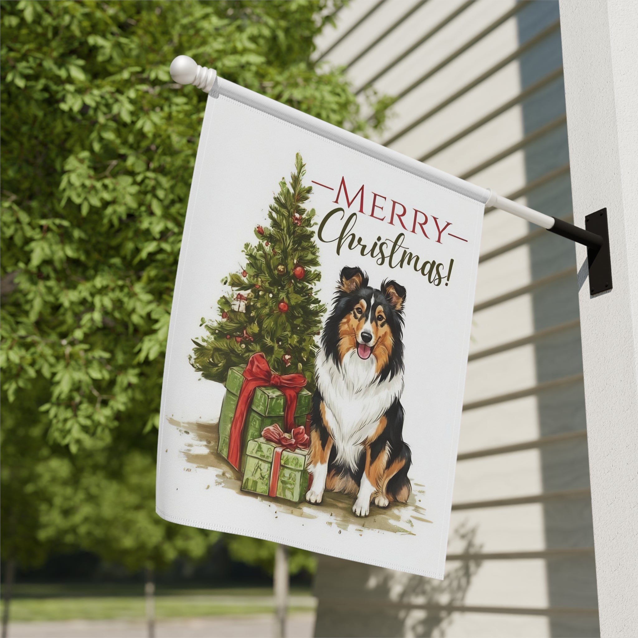 Shetland Sheepdog and Presents Christmas Garden Flag - close-up detail - Dragonfire Gardens