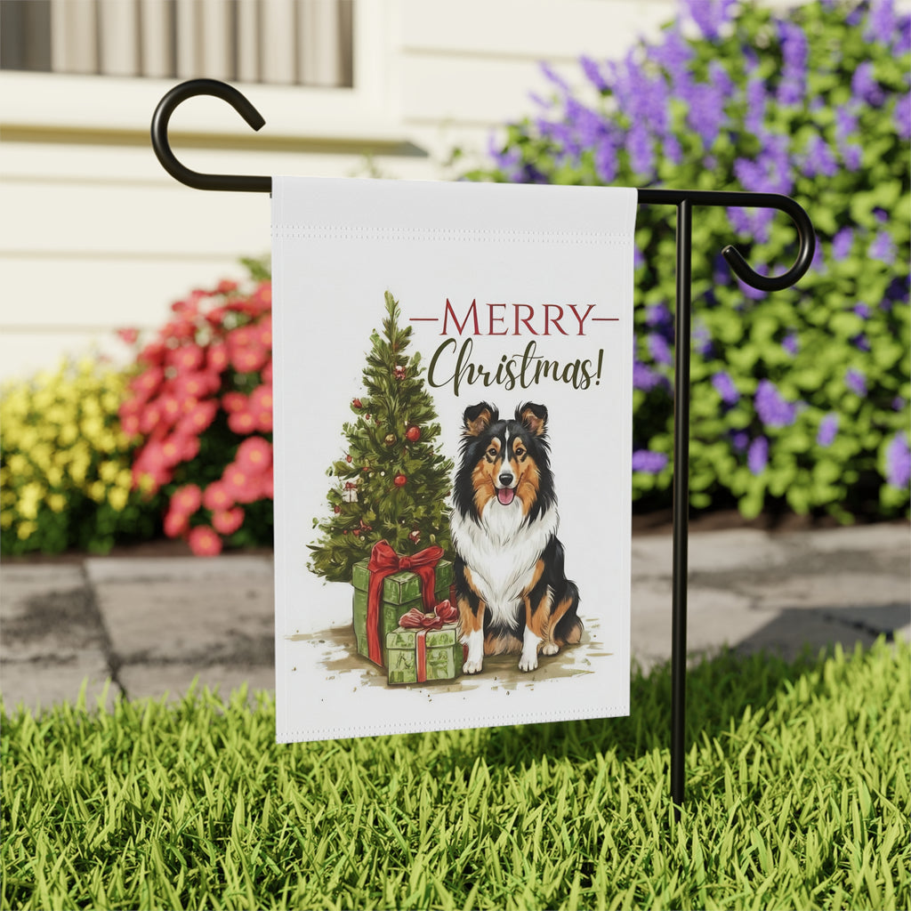 Shetland Sheepdog and Presents Christmas Garden Flag - outdoor display - Dragonfire Gardens