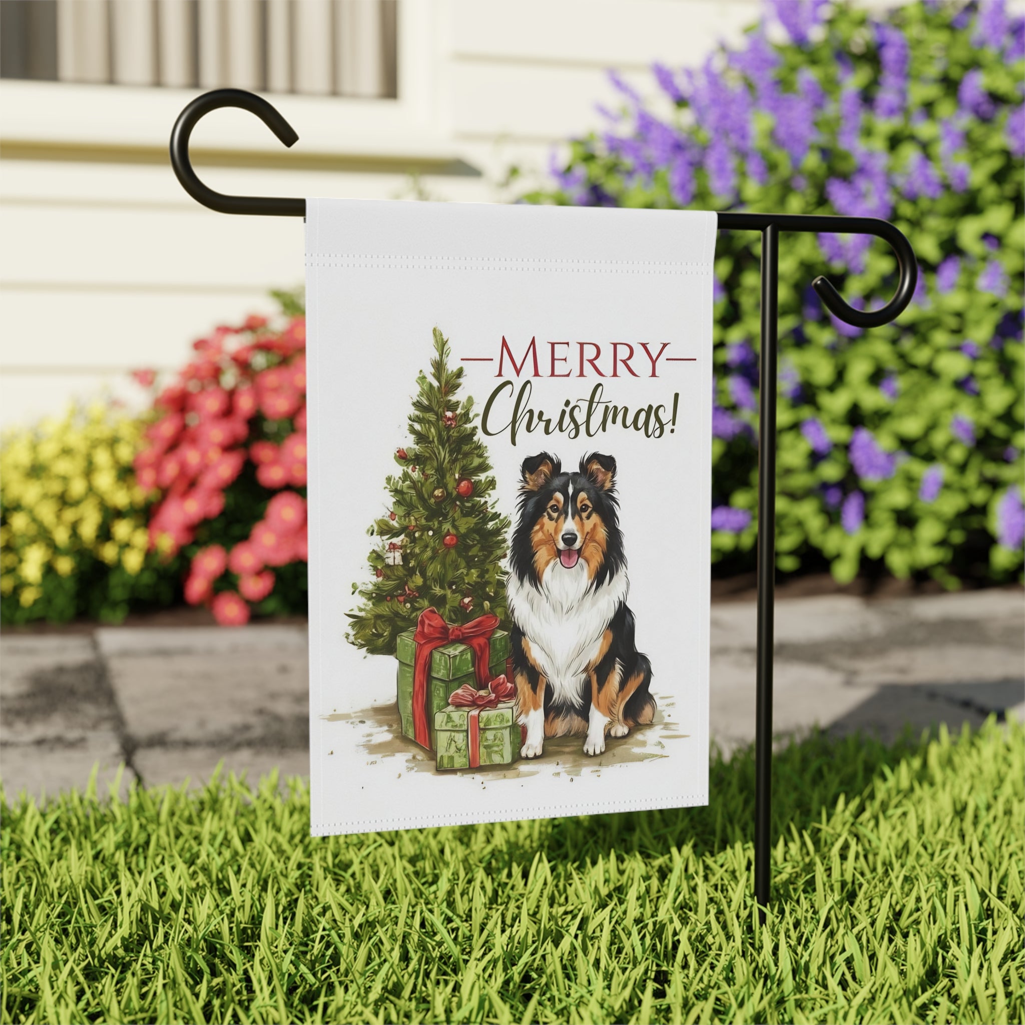 Shetland Sheepdog and Presents Christmas Garden Flag - outdoor display - Dragonfire Gardens