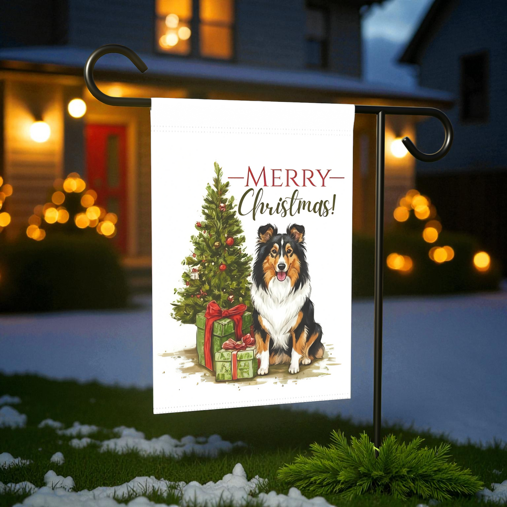 Shetland Sheepdog and Presents Christmas Garden Flag - lifestyle display - Dragonfire Gardens