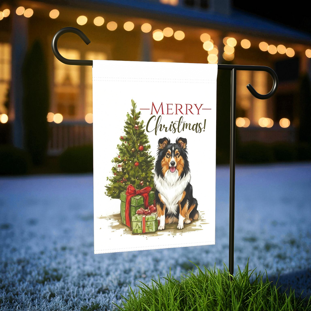 Shetland Sheepdog and Presents Christmas Garden Flag - size comparison - Dragonfire Gardens