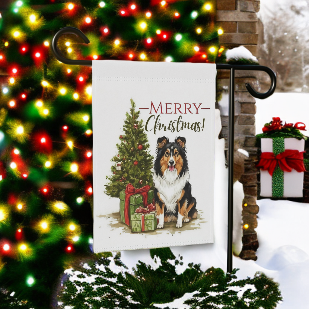 Shetland Sheepdog and Presents Christmas Garden Flag - product detail - Dragonfire Gardens