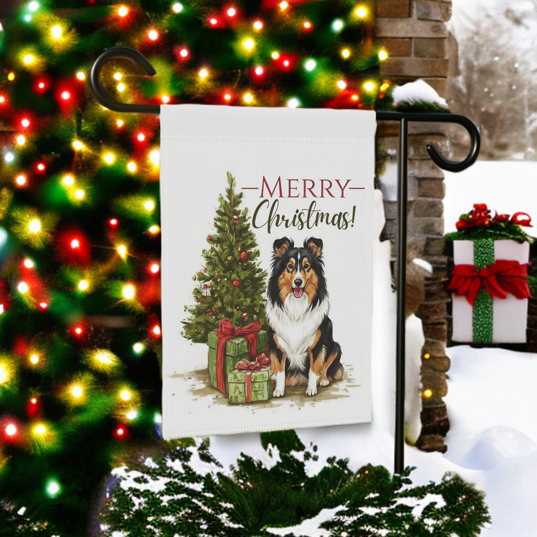 Shetland Sheepdog and Presents Christmas Garden Flag - product detail - Dragonfire Gardens