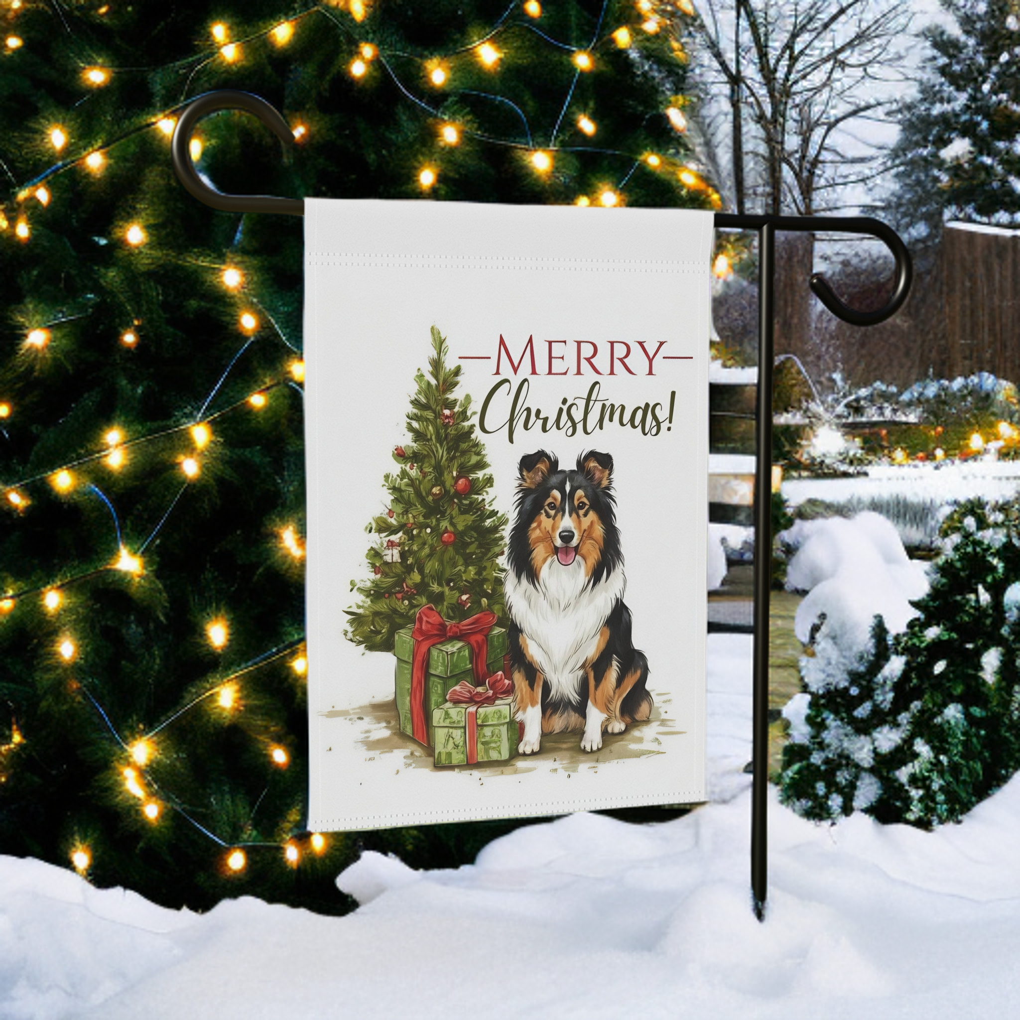 Shetland Sheepdog and Presents Christmas Garden Flag - front view - Dragonfire Gardens