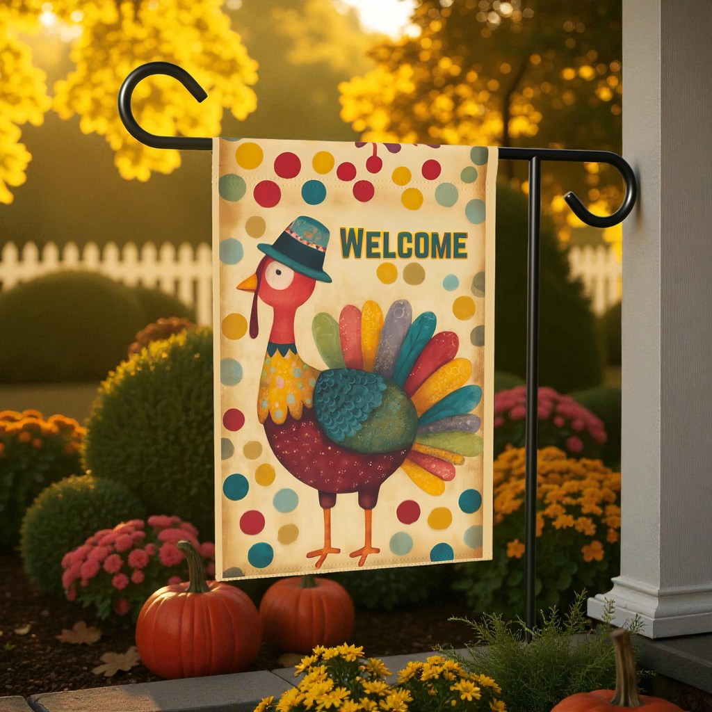 Colorful Welcome Turkey Garden Flag - size comparison - Dragonfire Gardens