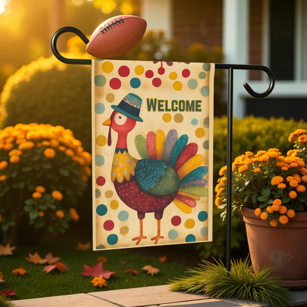 Colorful Welcome Turkey Garden Flag - front view - Dragonfire Gardens