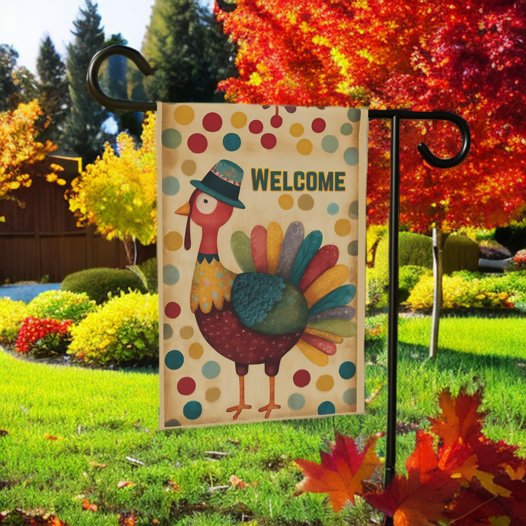 Colorful Welcome Turkey Garden Flag - lifestyle display - Dragonfire Gardens