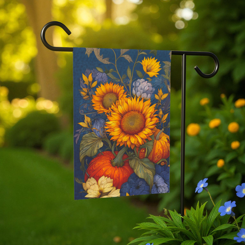 Abstract Sunflower & Pumpkin Autumn Garden Flag - front view - Dragonfire Gardens