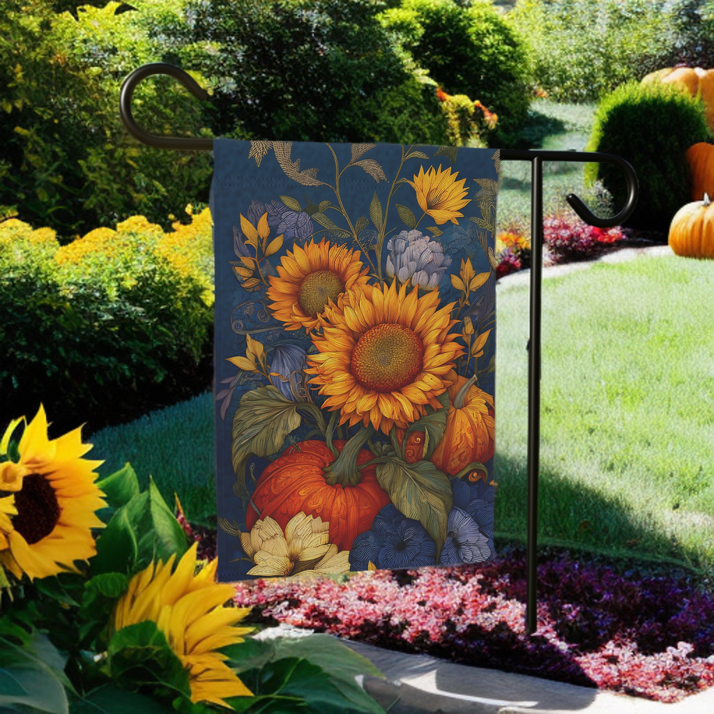 Abstract Sunflower & Pumpkin Autumn Garden Flag - size comparison - Dragonfire Gardens