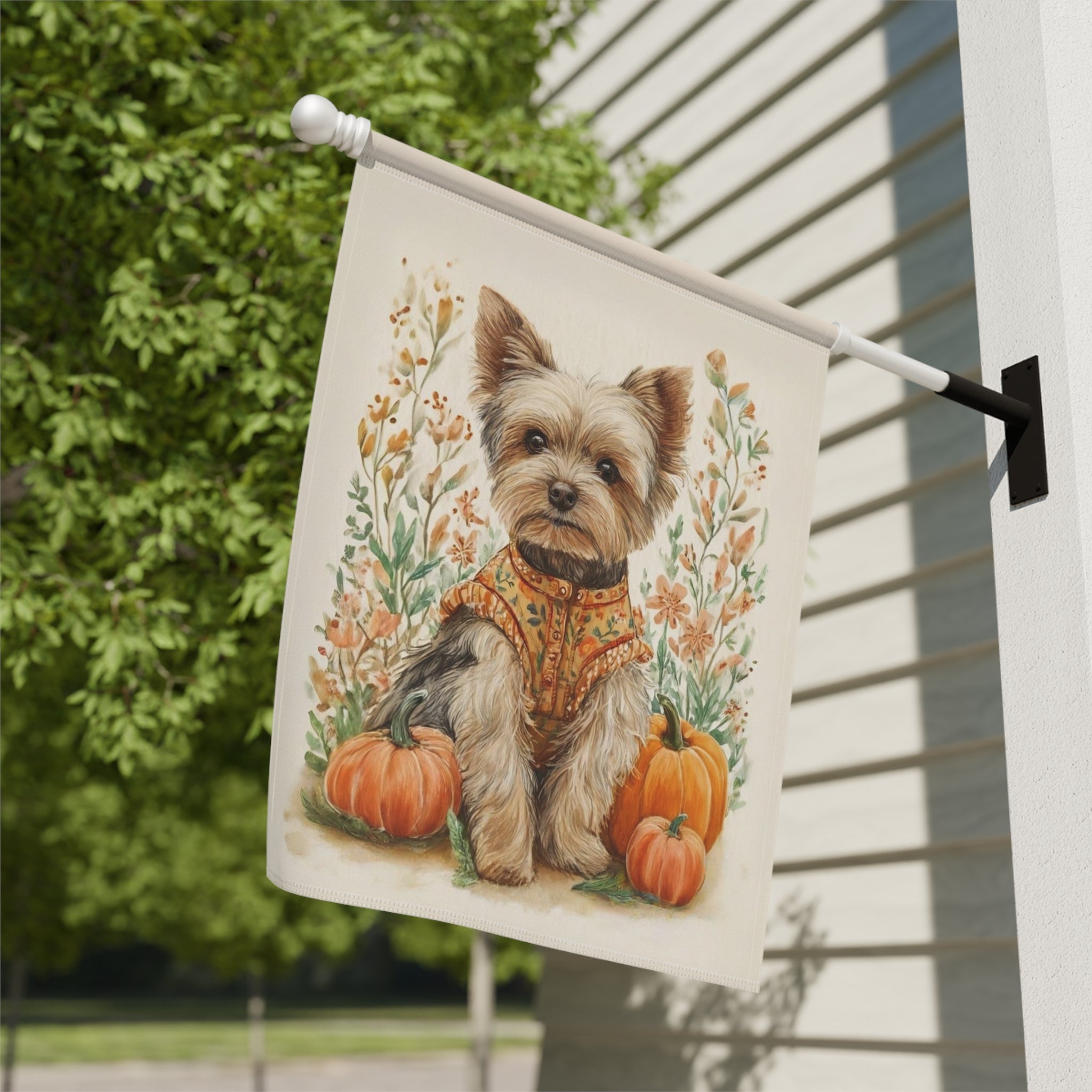 Fall Coat Yorkshire Terrier Garden Flag - close-up detail - Dragonfire Gardens