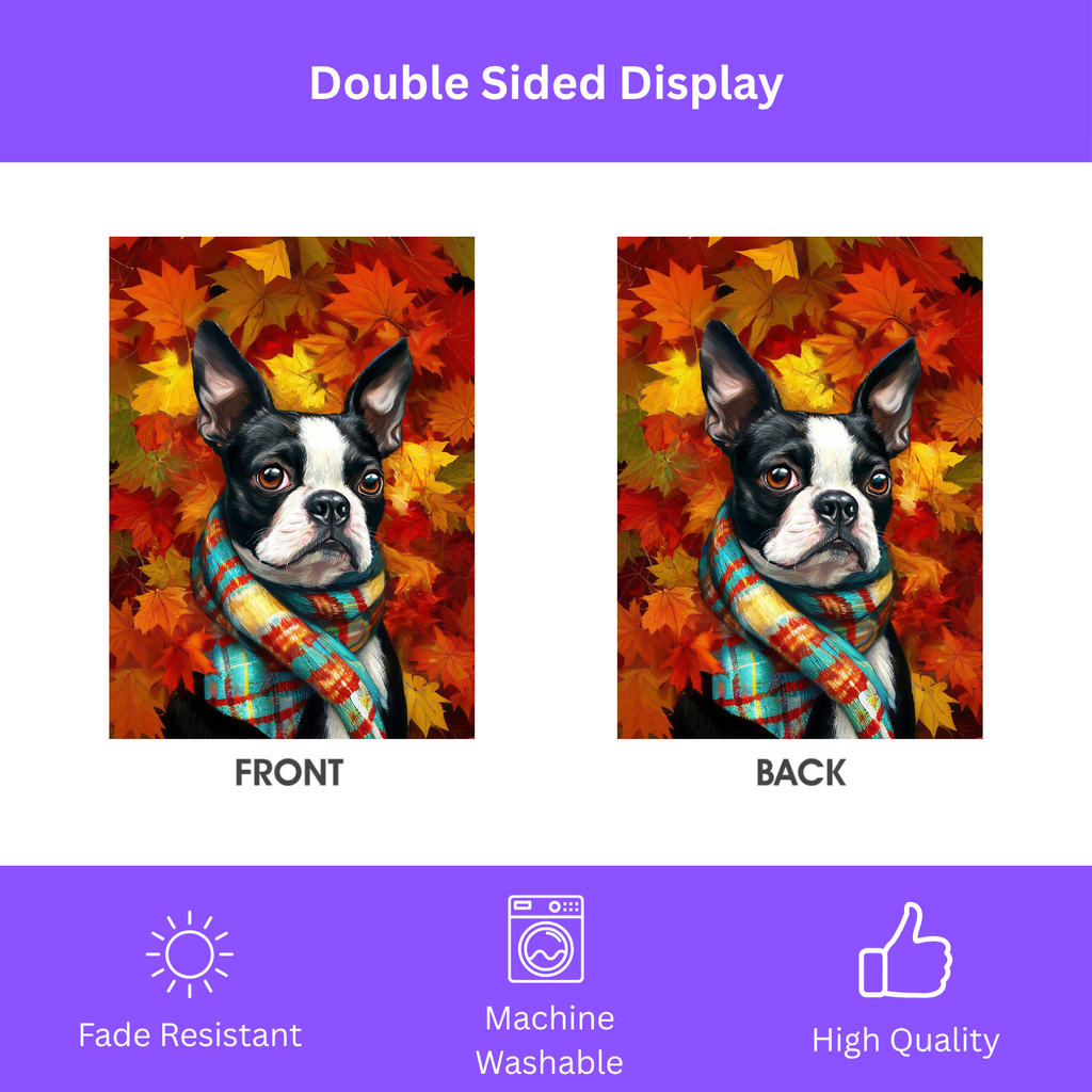 Fall Leaves Scarfed Boston Terrier Garden Flag - double-sided design - Dragonfire Gardens