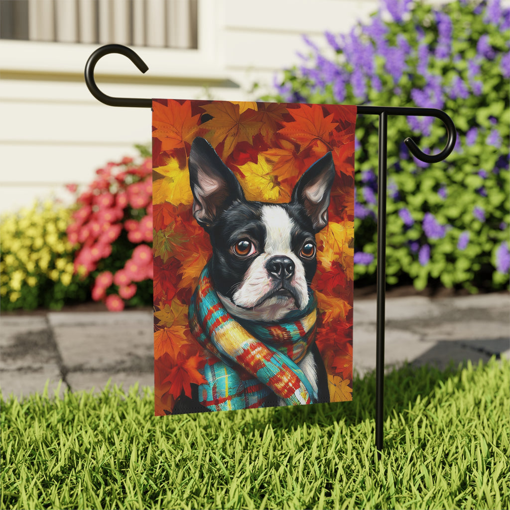 Fall Leaves Scarfed Boston Terrier Garden Flag - outdoor display - Dragonfire Gardens