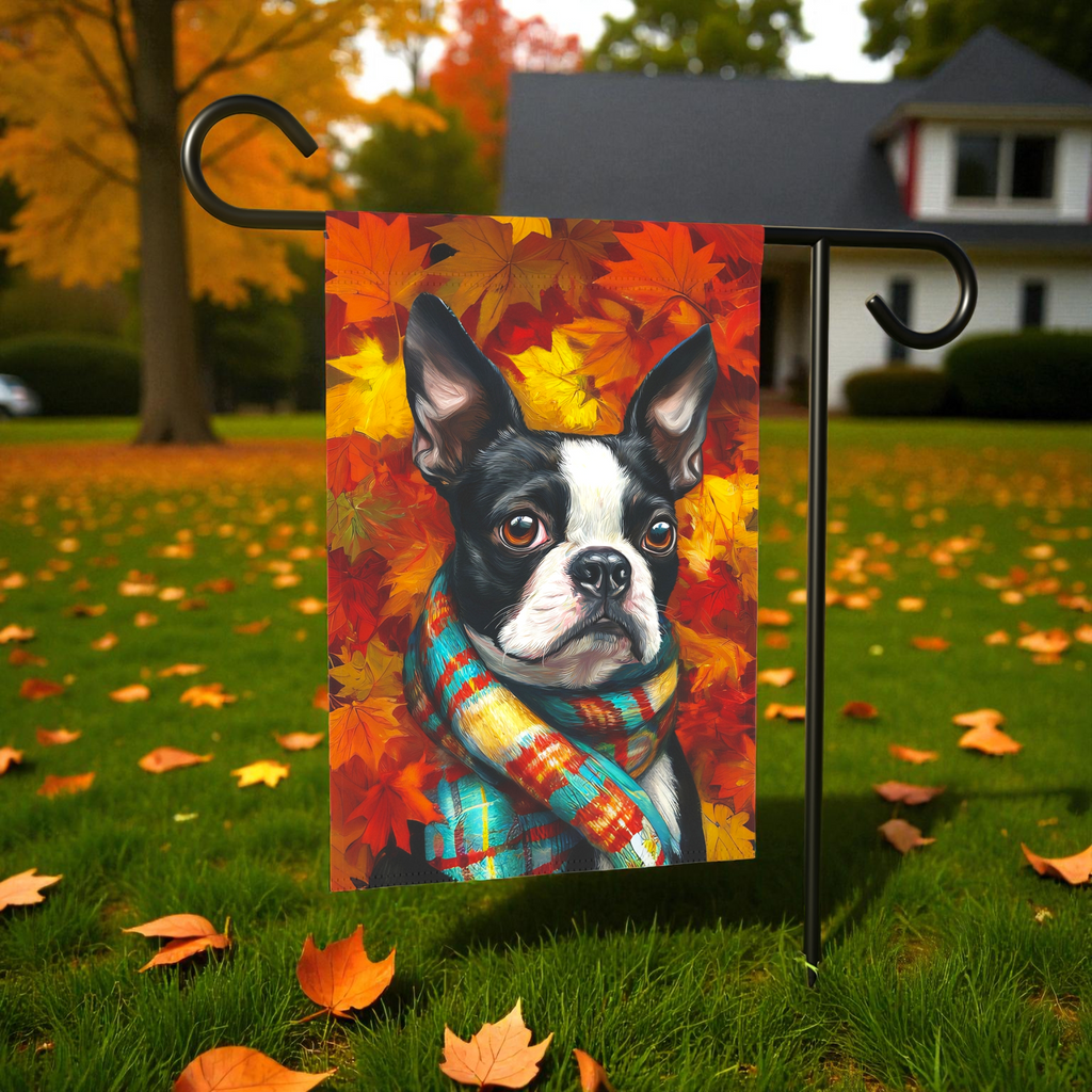 Fall Leaves Scarfed Boston Terrier Garden Flag - front view - Dragonfire Gardens