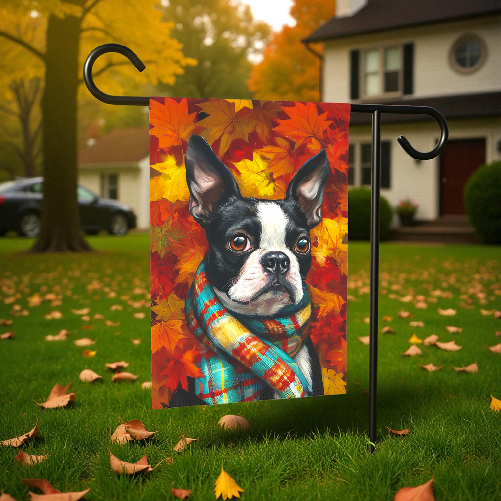 Fall Leaves Scarfed Boston Terrier Garden Flag - size comparison - Dragonfire Gardens