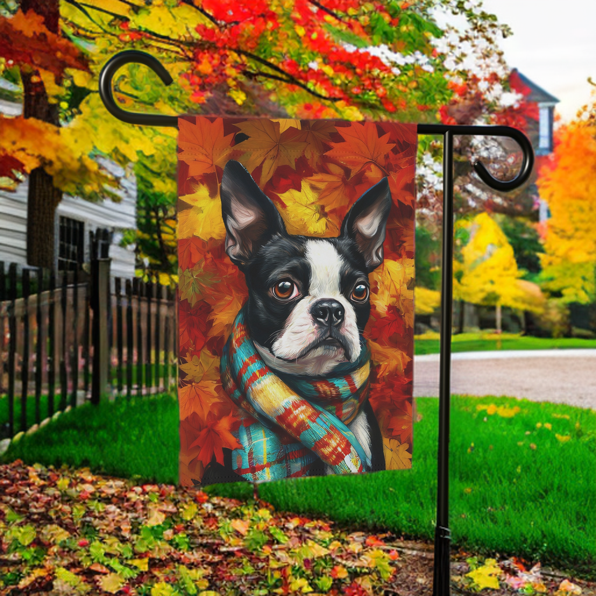 Fall Leaves Scarfed Boston Terrier Garden Flag - lifestyle display - Dragonfire Gardens