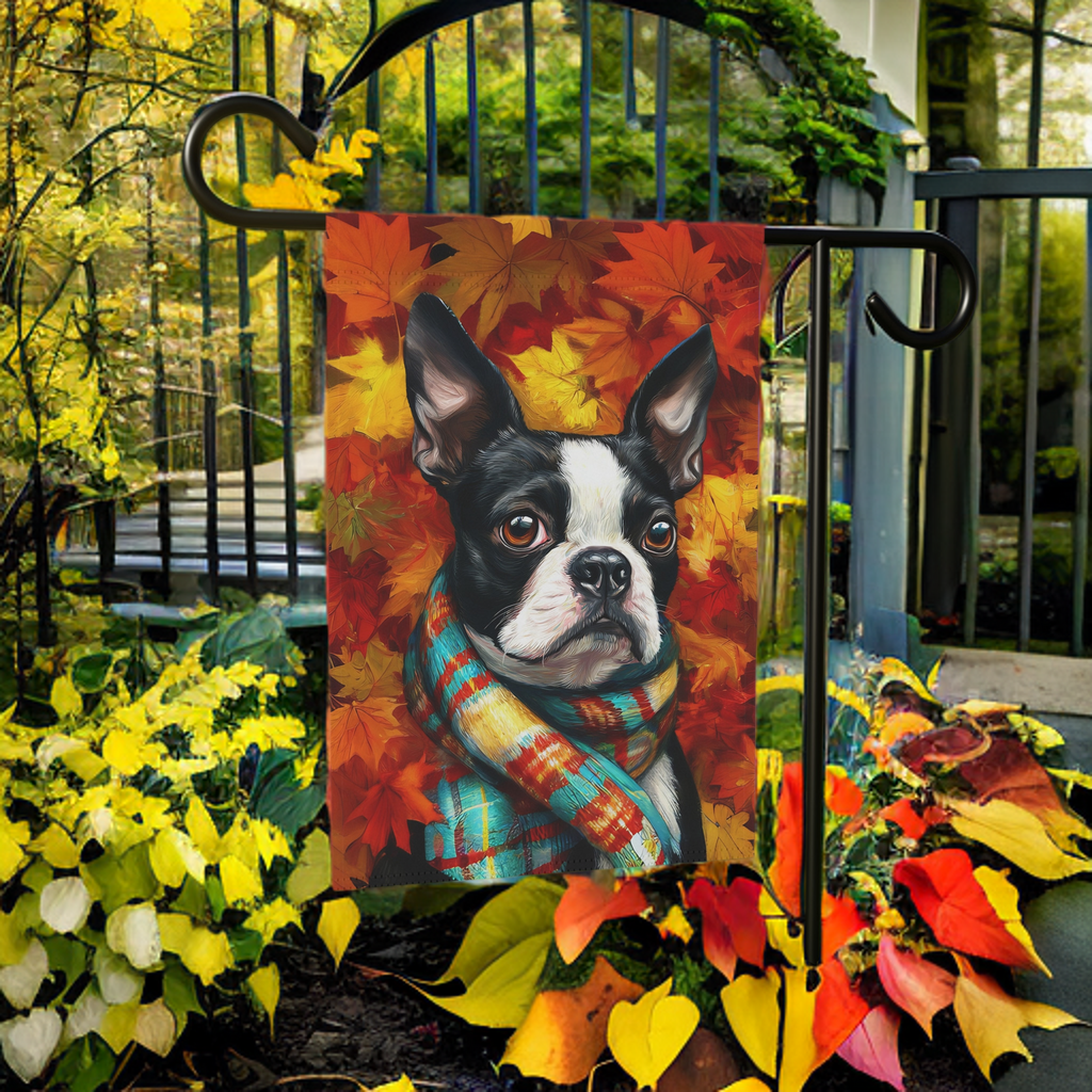 Fall Leaves Scarfed Boston Terrier Garden Flag - product detail - Dragonfire Gardens