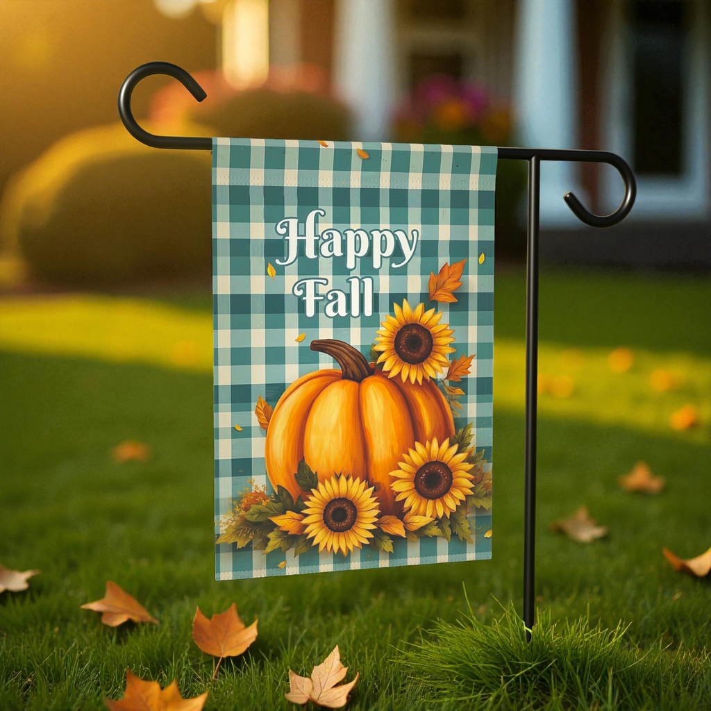 Happy Fall Pumpkins and Sunflowers Garden Flag - front view - Dragonfire Gardens