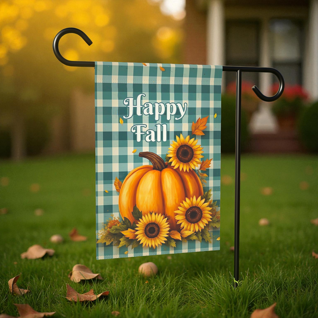 Happy Fall Pumpkins and Sunflowers Garden Flag - size comparison - Dragonfire Gardens