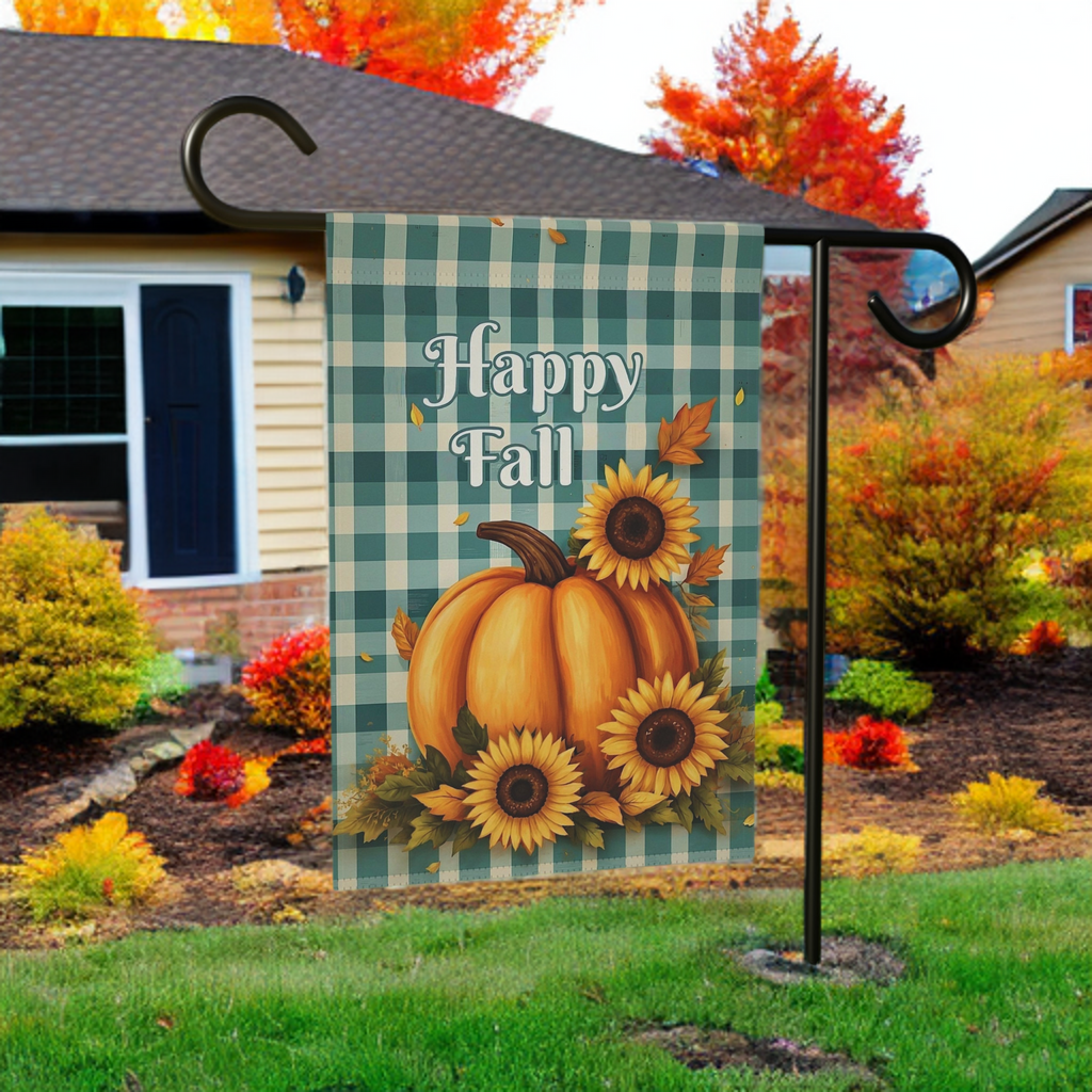 Happy Fall Pumpkins and Sunflowers Garden Flag - lifestyle display - Dragonfire Gardens